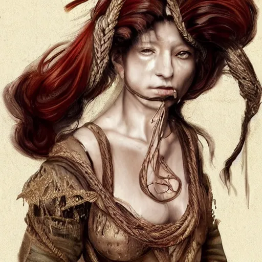 Image similar to portrait of a Shibari rope wrapped face and neck, headshot, insanely nice professional hair style, dramatic hair color, digital painting, of a old 15th century, roman soilder, amber jewels, baroque, ornate clothing, scifi, realistic, hyperdetailed, chiaroscuro, concept art, art by Franz Hals and Jon Foster and Ayami Kojima and Amano and Karol Bak,