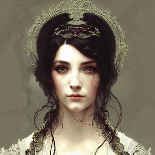 Image similar to portrait of victorian gothic lady, intricate, elegant, highly detailed, digital painting, artstation, concept art, smooth, sharp focus, illustration, art by artgerm and greg rutkowski and alphonse mucha and william - adolphe bouguereau