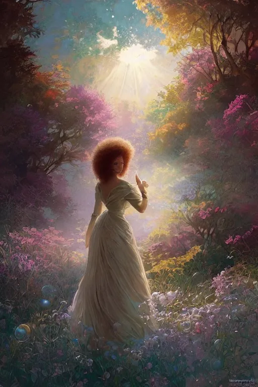 Image similar to bob ross, dreamy and ethereal,, fantasy, intricate, elegant, rainbow bubbles, highly detailed, digital painting, artstation, concept art, smooth, sharp focus, illustration, art by artgerm and greg rutkowski and alphonse mucha