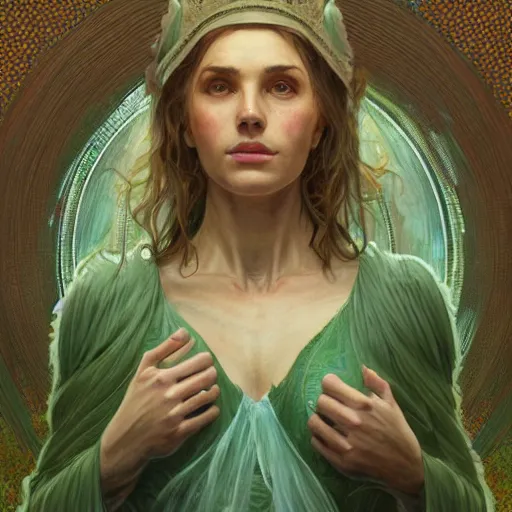 Prompt: epic masterpiece full body portrait of the Oracle at Delphi, female, gauze dress, inhaling the green fumes, highly detailed, digital painting, artstation, concept art, sharp focus, illustration, art by artgerm and greg rutkowski and alphonse mucha