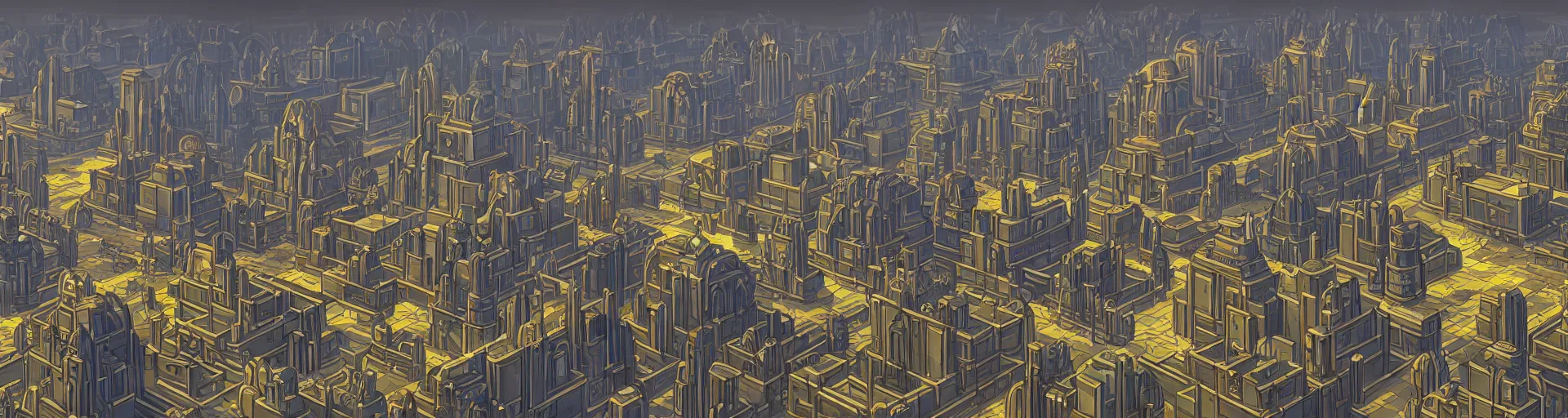 Image similar to a wide landscape shot of a dwarven city with retrofuturist art deco architecture