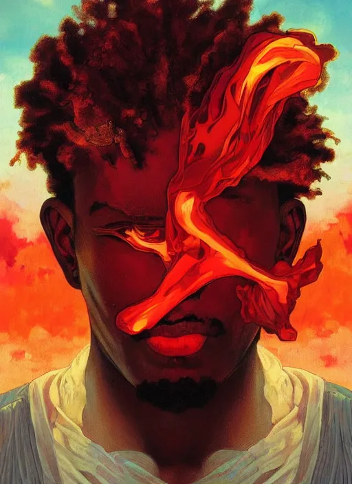 Prompt: portrait of african man, fire, red aura in motion, floating pieces, painted art by tsuyoshi nagano, greg rutkowski, artgerm, alphonse mucha, spike painting