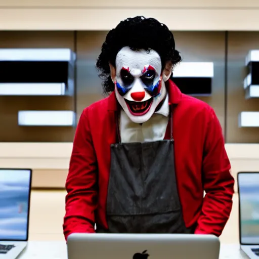 Image similar to scary clown working at an apple store