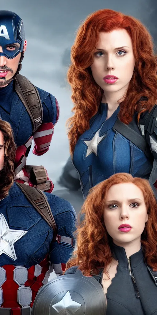 Prompt: Portrait photo of Captain America portrayed by Jordan Peterson and Black Widow portrayed by Russell Brand, cinematic, trending digital art