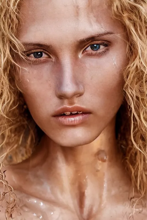 Image similar to clavicle shot of a blonde female model in her twenties, hair wet, wearing a designer top, looking content, photo realistic, extreme detail skin, natural beauty, no filter, slr, golden hour, 8 k, high definition, selfie