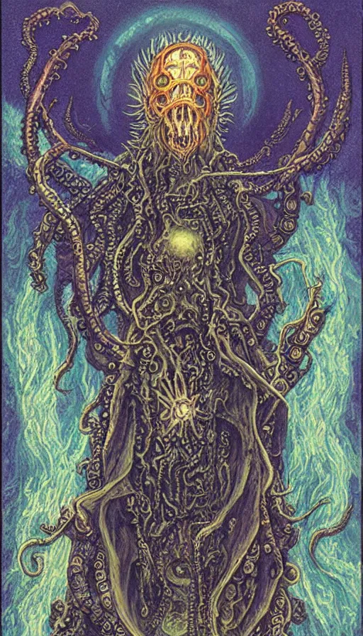 Prompt: lovecraftian cultist tarot card yoshitaka amano jean giraud rococo