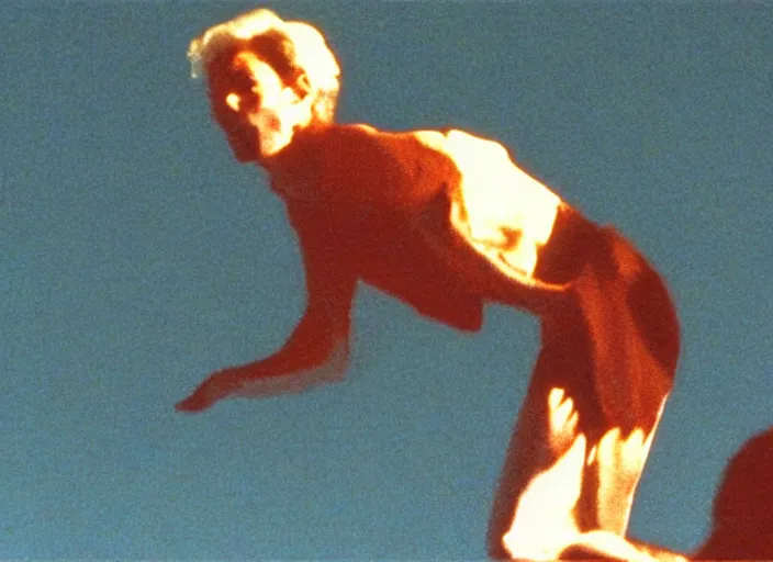 Prompt: a still from a color 1 9 8 5 film with a man floating 1 0 feet above the ground at night with a single raised arm, rear shot