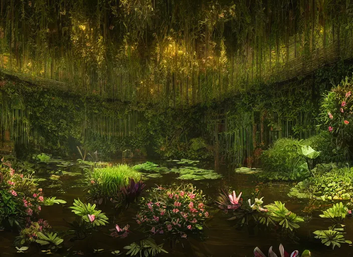 Image similar to A flooded ballroom overgrown with aquatic plants, flowers, lily pads, vines, majestic, dramatic lighting, digital art, trending on Artstation