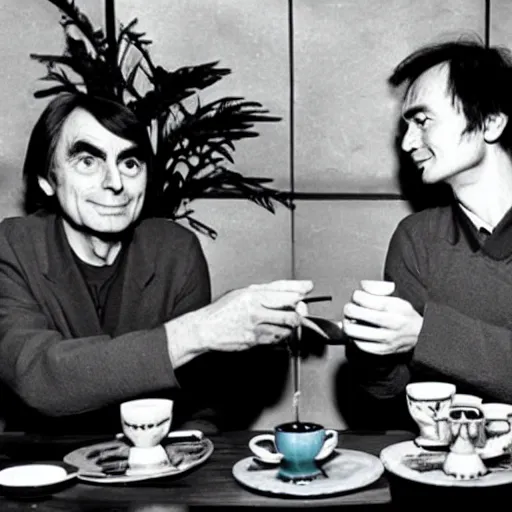 Image similar to carl sagan and alien drinking tea in a chinese tea house