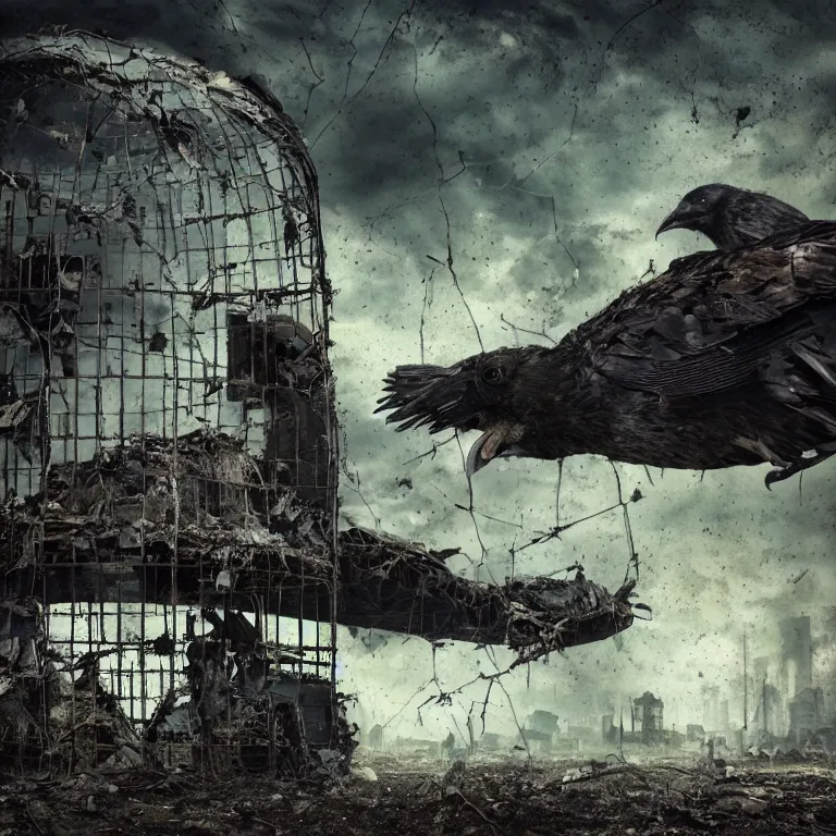 Image similar to postapocalyptic picture, close up of black raven locked inside cage, very emotional, ruins around, nuclear explosion, erik johansson style, conceptual art, the last day on the earth, insane detail, hyper realistic 8 k textured