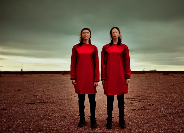 Image similar to cinestill 5 0 d closeup photographic portrait of two clones in front of a brutalist metal building, techwear women, on a desolate plain, red sky, black oversized clothes, depth of field, 4 k, 8 k, hd, full color