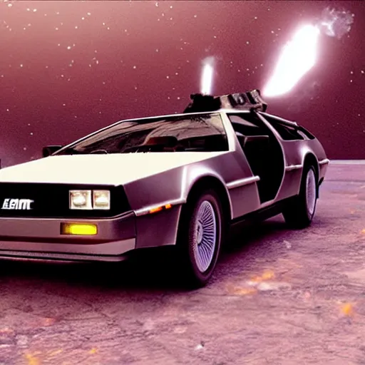 Image similar to photorealistic matte painting of a delorean with weapons, madd maxx movie scene