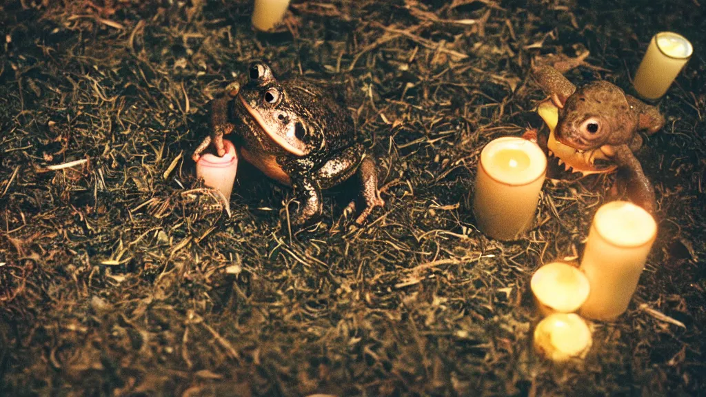 Prompt: a toad with sharp teeth grinning maniacally, a satanic ritual with candles and a pentagram, movie screenshot directed by Tim Burton. Shot from a high angle. Cinematic. Whimsical. 24mm lens, 35mm film, Fujifilm Reala, f8