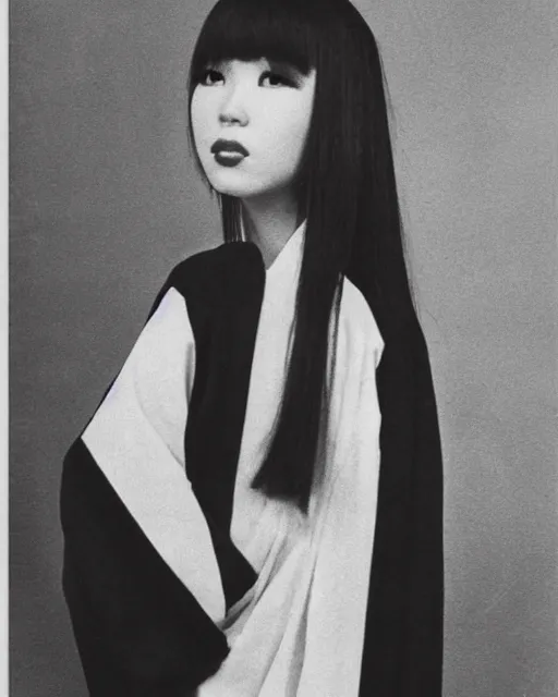 Prompt: photo of a trendy japanese woman with bangs in 1966, wearing an open kimono, artistic, black and white