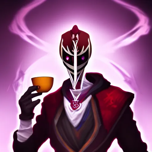 Image similar to Epic portrait of Jhin (league of legends), drinking tea.digital art on artstation