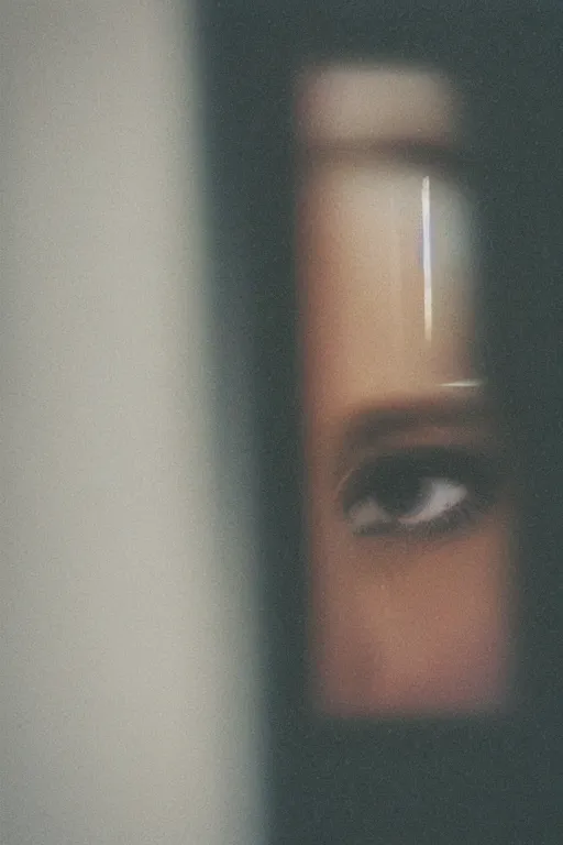 Prompt: kodak portra 1 6 0 photograph of a person looking out their window, eyes, beautiful eyes, stunning eyes, close up, telephoto, faded effect, grain,