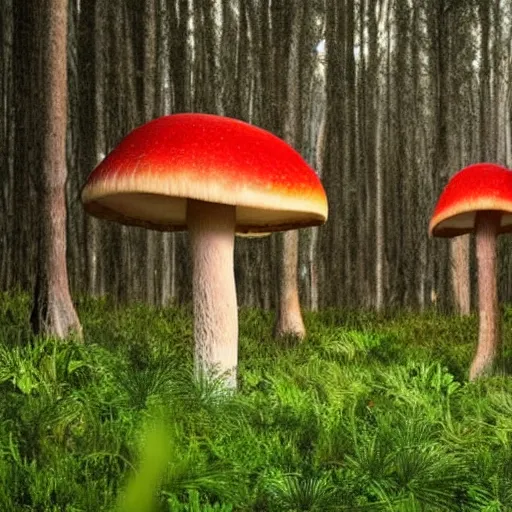 Prompt: different weird animals are walking in a forest of giant mushrooms, detailed professional photo