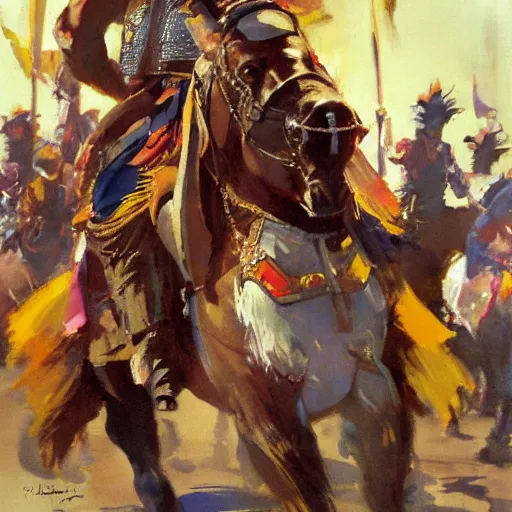 Image similar to mel gibson as rider with couched jousting lance, colorful caparisons, chainmail, detailed by greg manchess, craig mullins, bernie fuchs, walter everett