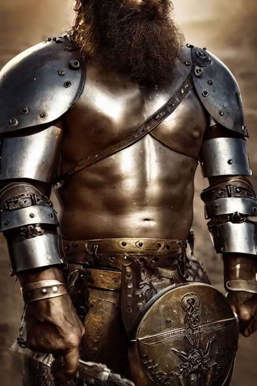 Prompt: portrait of a herculean jewish warrior. smooth iron and bronze armour. rugged young man, very beautiful. big muscles, cinematic lighting, highly detailed, full body shot. beard. bollywood action movie poster