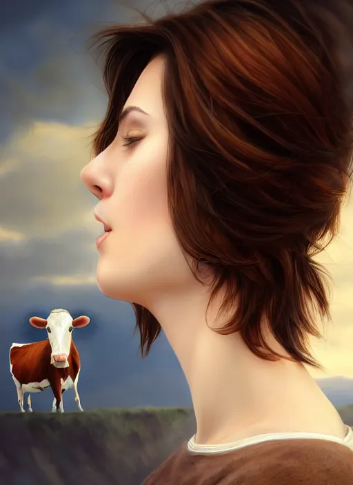 Image similar to photo gorgeous young italian woman, brunette hair, cow looking over shoulder, in the style of stefan kostic, realistic, sharp focus, 8 k high definition, insanely detailed, intricate, elegant, art by david cronenberg and stanley lau and artgerm and yoshitako amano and ryden and kawase hasui, artstation