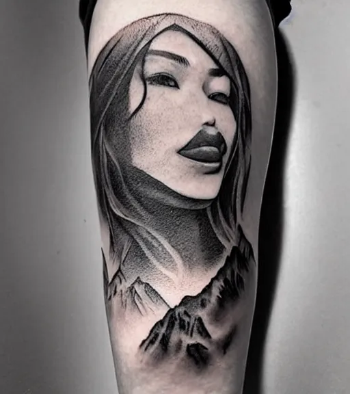 Image similar to beautiful blend effect of beautiful mountain scenery with a beautiful woman face, tattoo design sketch, hyper - realistic, in the style of matteo pasqualin, amazing detail, black and white