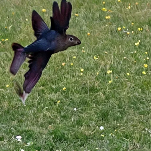 Prompt: a squirrel flying on a crows back