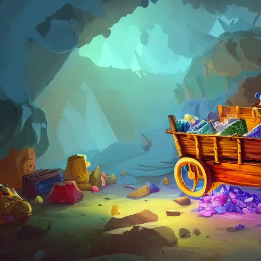 Prompt: a beautiful photo of the seven dwarfs mine, colorful crystals scattered around, and a mine cart full of crystals, natural light, concept art, cozy, atmospheric and cinematic lighting