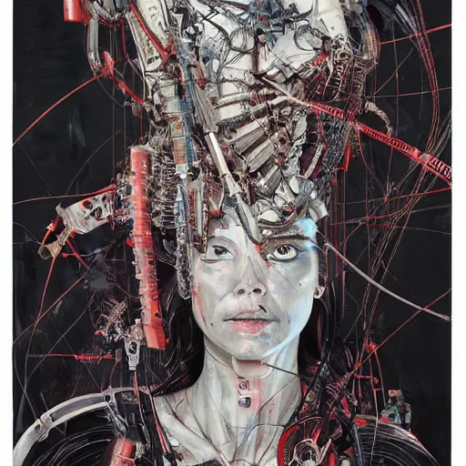 Prompt: olivia munn as a cyberpunk noir detective, skulls, wires cybernetic implants, machine noir grimcore, in the style of adrian ghenie esao andrews jenny saville surrealism dark art by james jean takato yamamoto and by ashley wood