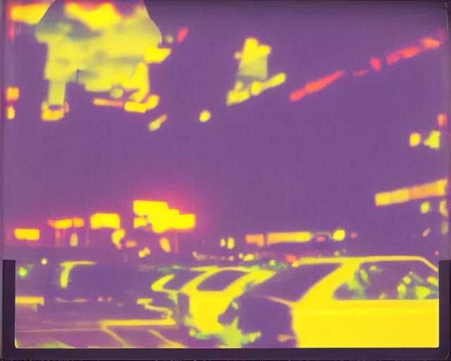 Prompt: futuristic chrome city, violet and yellow sunset, polaroid photo, atmospheric, whimsical and psychedelic, grainy, expired film, glitched