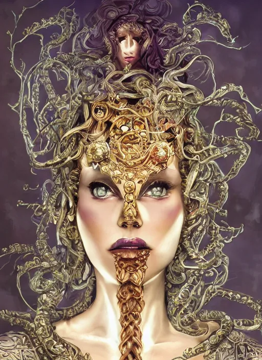 Image similar to ultradetailed ornate sci-fi RPG illustration of a beautiful symmetric Medusa radiating a glowing aura wearing a steampunk armor with much decorum, digital airbrush painting, 3d rim light, hyperrealistic masterpiece, artstation, cgsociety, kodakchrome, golden ratio