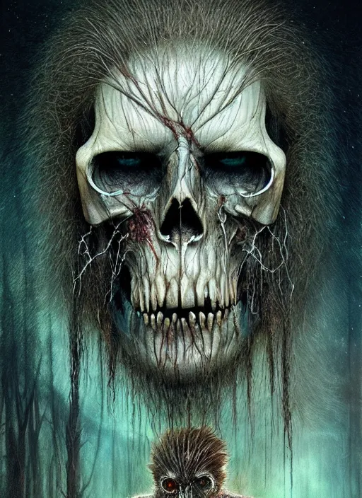 Image similar to sasquatch tarot card, highly detailed, half skull face, cinematic, 8 k, by stanley artgermm, tom bagshaw, greg rutkowski, carne griffiths, ayami kojima, beksinski, giger, trending on deviantart, hyper detailed, horror, full of colour