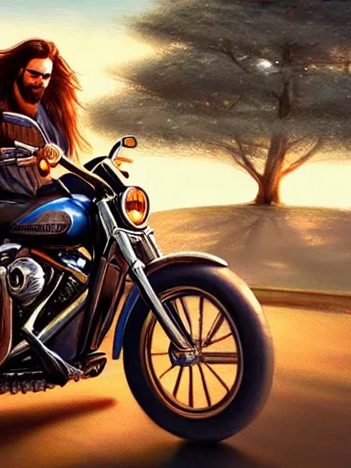 Image similar to handsome man with long hair riding a harley davidson in the wild. intricate, elegant, highly detailed, digital painting, artstation, cinematic shot, concept art, sharp focus, illustration, by justin gerard and artgerm, 8 k