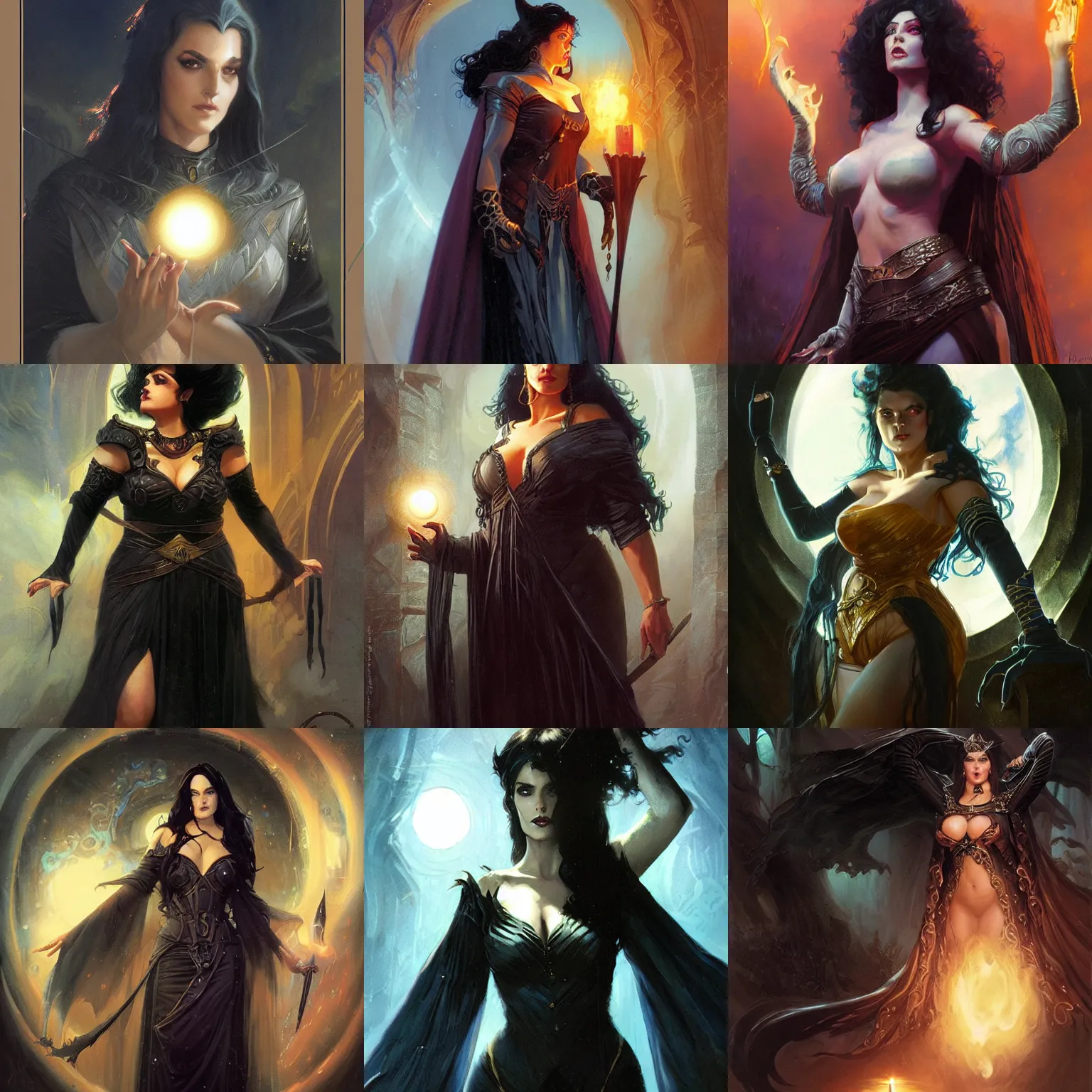 Prompt: a villainous, bewitching, domineering tall curvy sorceress with a scrying orb, auburn outfit, black hair, fantasy portrait by greg rutkowski, gaston bussiere, larry elmore