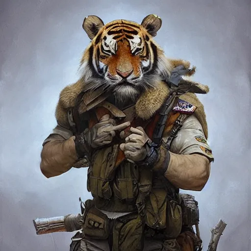 Image similar to a aesthetic award winning commission portrait of a fit anthro tiger wearing military uniform,digital art,art by greg rutkowski,art germ,charles bowater,trevor henderson,detailed beautfiul face,photorealistoc,hyperdetailed,dramatic,artstation,deviantart,professional lighting