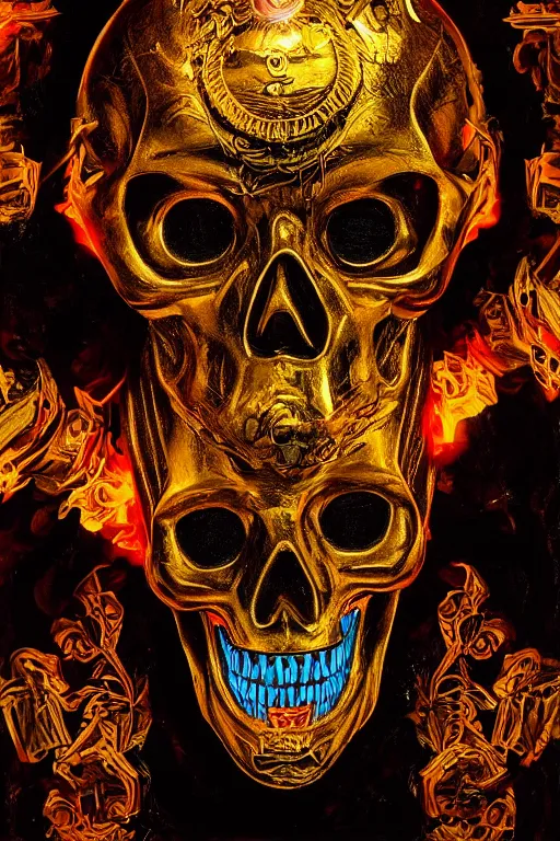 Image similar to 35 mm lens photo of chthonic skull lsd colors wearing a golden roman helmet with sharp teeth and rgb background smoke, direct sunlight, glowing, vivid, detailed painting, Houdini algorhitmic pattern, by Ross Tran, WLOP, artgerm and James Jean, masterpiece, award winning painting