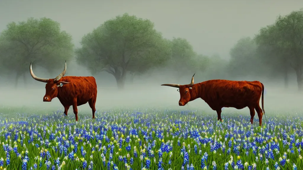 Image similar to award winning painting of a Texas longhorn standing in a field of bluebonnets early morning fog, digital art, insanely detailed, octane render, unreal engine