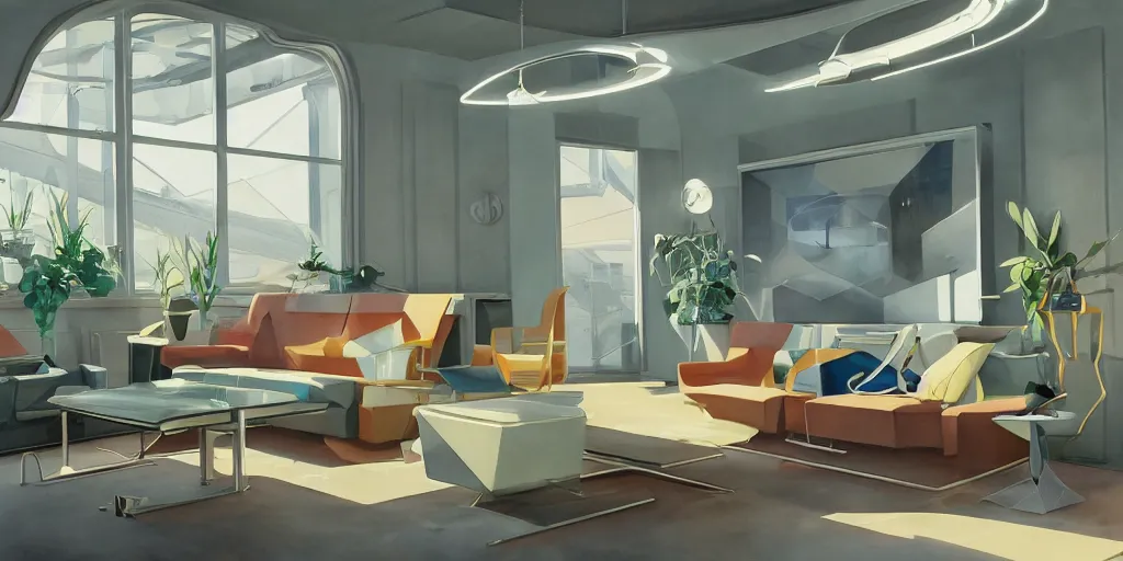 Image similar to a beautiful illustration of futuristic interior studio, lots of furniture, sofa, waiting room, big medium small, sacred geometry, golden ratio, in watercolor gouache detailed paintings, in style of syd mead, trending on artstation, 8 k, panel, hard surface, wallpaper, zaha hadid, scattered props, plant, cozy, decoration, simon stalenhag, deus ex