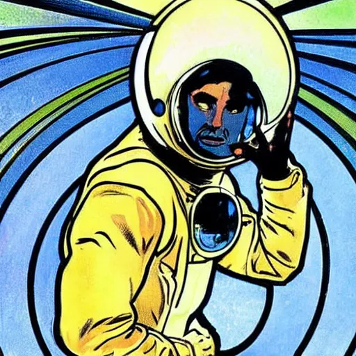 Prompt: a man, floating in space. he is an astronaut, wearing a space suit. he is fixing his space rocket. well composed, clean elegant painting, beautiful detailed face. comic book art by steve ditko and jack kirby and ( alphonse mucha )