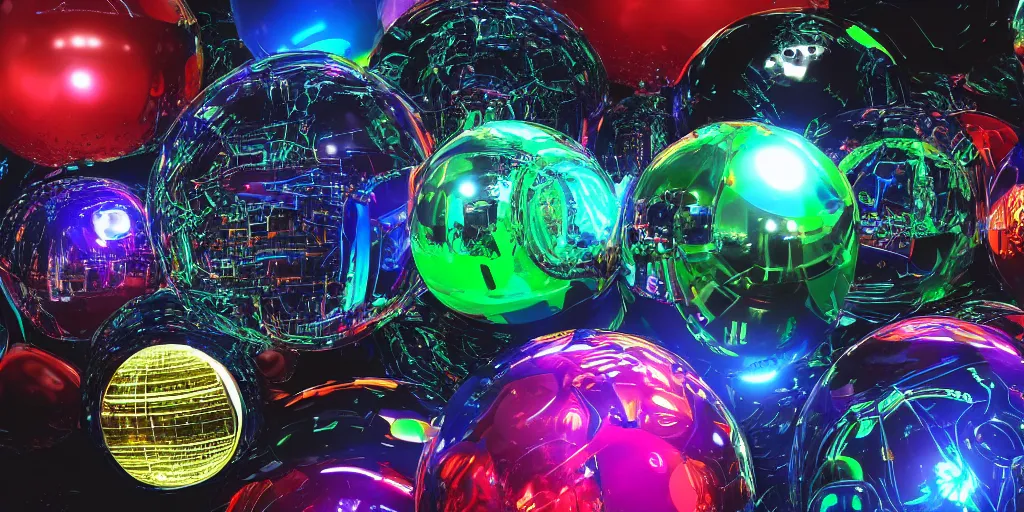 Image similar to wet complex spheres, colored lasers, robots, circuits, smoke, god rays, wires, reflective cubes, wet metal reflections, mirrors, infinite, close up, glowing wires, wet, ultra detailed, group of robots, rocks