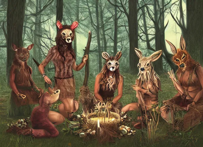 Image similar to forest pagan ritual with people with animal masks by andrews, esao, digital art