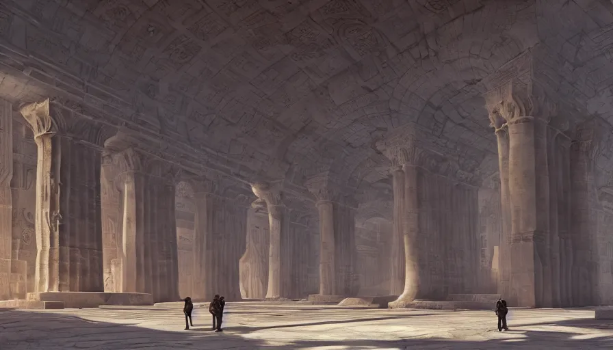Prompt: the inside of a monument with greek motifs, by tim blandin and arthur haas and bruce pennington and john schoenherr, big windows architecture by zaha hadid, octane render, cinematic, scenery, cgsociety, modernism, futuristic, trending on artstation, sci - fi, high detail, high quality, close up angle, people walking