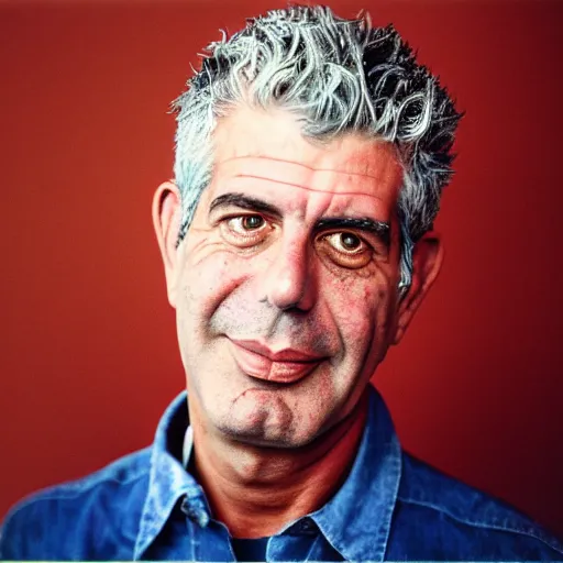 Image similar to promotional vogue studio portrait photo of Anthony Bourdain by Annie Leibovitz, 50mm, pentax, film