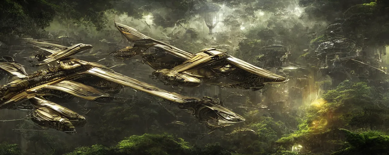 Image similar to a futuristic scientific flying steampunk fighter ship elegant, smooth, ornate with gold trimmings, by Craig Mullins and Scott Robertson, large steampunk space port inside a lush rainforest background by Dylan Cole and federico pelat, cinematic dappled lighting, hyper detailed hyper detailed, 8k, ultra realistic, cinematic lighting, ultra wide 35mm lens