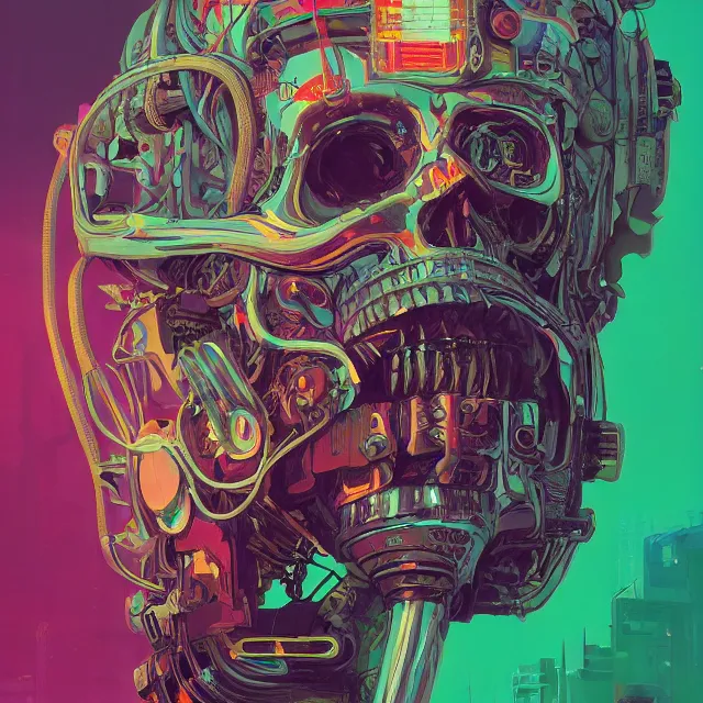 Image similar to a beautiful painting of a cyberpunk skull by simon stalenhag and pascal blanche and alphonse mucha. in style of digital art. colorful comic, film noir, symmetry, hyper detailed. octane render. trending on artstation