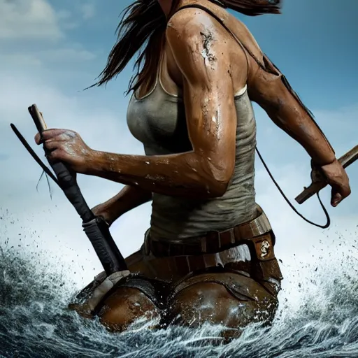 Prompt: film scene lara croft emerges from the river water, her face is covered with mud, part of the body is still in the river, it looks sweaty, hd