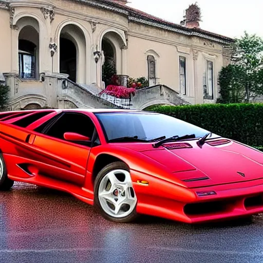 Image similar to red lamborghini diablo in front of an 8 0's mansion and al pacino in front of it very elegant and very realistic