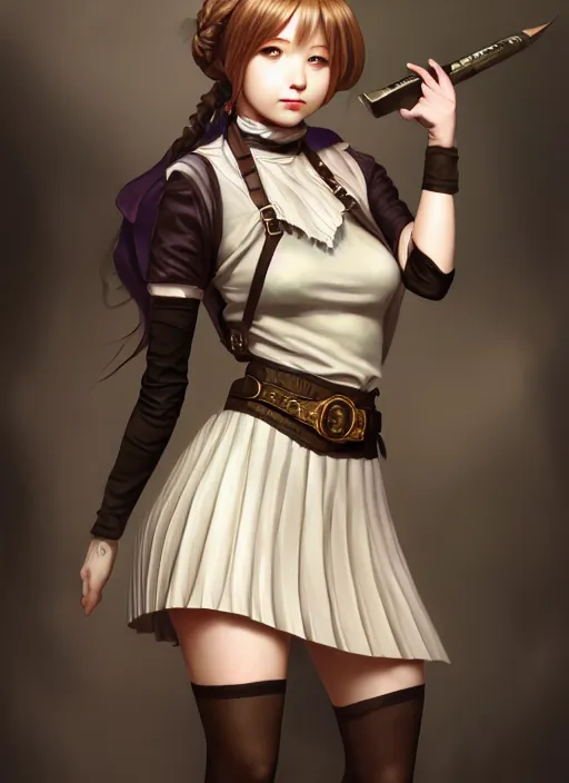 Image similar to portrait of a full body of beautiful young female detective, d & d, sleeveless turtleneck, pleated skirt, fantasy, flat lighting, intricate, highly detailed, digital painting, artstation, concept art, smooth, sharp focus, illustration, misa amane, art by simon bisley and greg rutkowski and alphonse mucha, natural tpose