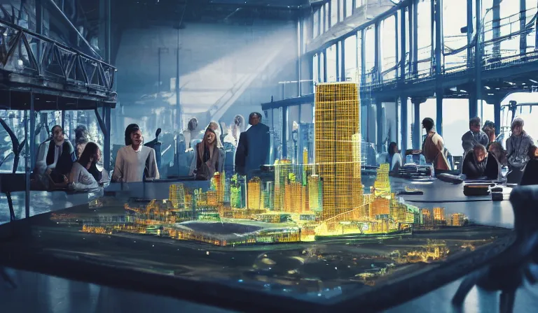 Image similar to group of people in simple warehouse, looking at hologram of futuristic city on a table, cinematic concept art, godrays, golden hour, natural sunlight, 4 k, clear details, tabletop model buildings, center model buildings, hologram center, crane shot, crane shot, crane shot