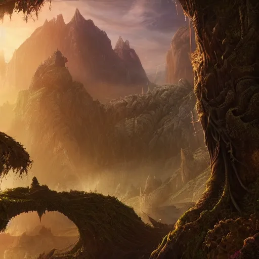 Image similar to fantasy landscape, an advanced city around the roots of a colossal tree, epic composition, intricate details, hyper detailed, 8 k, volumetric light, magical atmosphere