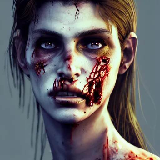 Image similar to portrait of young cindy crawford as a zombie with cuts on face, 7 days to die zombie, fine art, award winning, intricate, elegant, sharp focus, cinematic lighting, highly detailed, digital painting, 8 k concept art, art by guweiz and z. w. gu, masterpiece, trending on artstation, 8 k